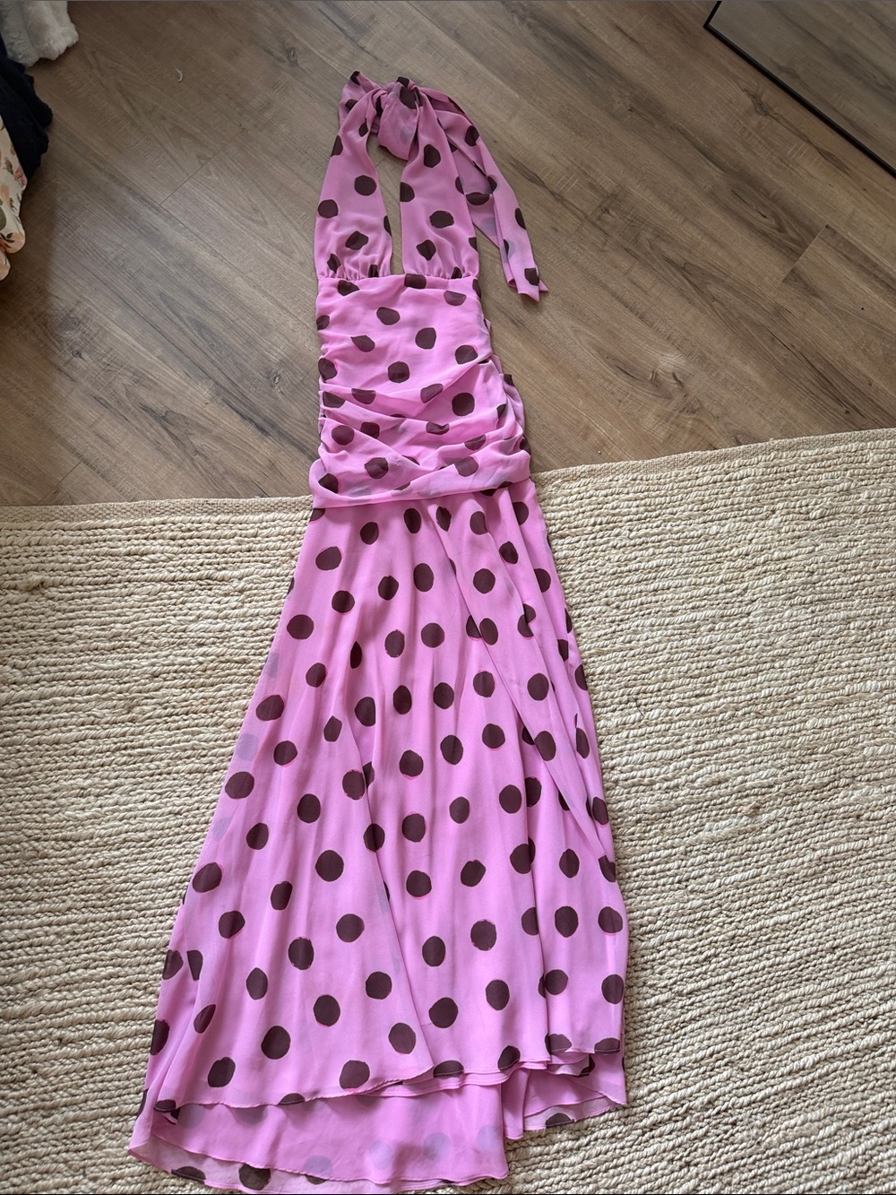 Zara Pink Halter Maxi with Brown Polka Dots